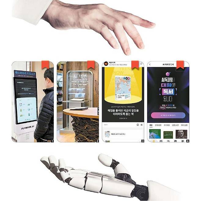 ① 플라이북에서 도서관에 도입한 ‘책 추천 키오스크’. ② 교보문고에서 올해 시범 도입한 ‘AI 책봇’과 ③ MD 큐레이션을 학습한 서비스 ‘트렌드 +’. ④ 독서 중 질의응답을 나눌 수 있는 밀리의서재 ‘AI 독파밍’ 서비스. [사진 플라이북, 교보문고, 밀리의서재]