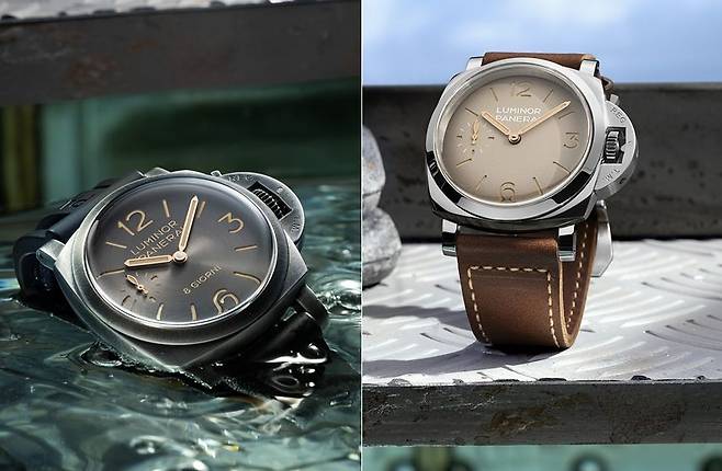 쿠션형 케이스, 크라운을 보호하는 브리지, 가독성을 위한 샌드위치 다이얼, 야광 물질 등 파네라이 정체성을 고루 갖춘 루미노르 신제품이 올해 등장했다. 왼쪽 시계는 루미노르 8 지오르니 PAM01733, 오른쪽은 루미노르 PAM01735. 사진 파네라이
