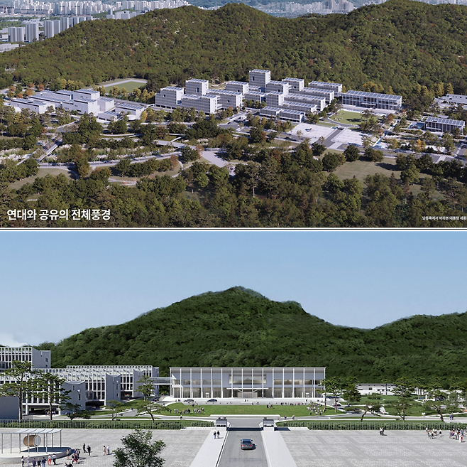 공유풍경 Commonscape 작품. 지형에 순응하는 수평적 배치를 바탕으로 건축물 매스의 높낮이를 조정해 리듬감 있는 스카이라인을 형성하고 곡선형 지붕을 적용해 전통적인 건축과 도시(마을)의 풍경을 현대적으로 구현하고 있다. 행정중심복합도시건설청 제공