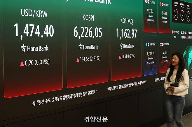 중동 전쟁 완화 기대감에 코스피가 전쟁 이전 수준을 회복한 16일 서울 중구 하나은행 딜링룸에 각종 지수가 표시돼 있다. 이날 코스피 지수는 전 거래일 대비 134.66포인트(2.21%) 오른 6226.05에 거래를 마쳤다. 2026.04.16. 정효진 기자