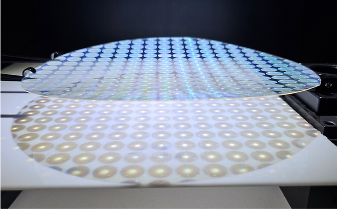 롤투롤 공정으로 대량 생산한 메타렌즈에 흰색 LED 빛을 쏘자 오차 없이 정밀하게 초점을 맺는 모습[노준석 포항공대 교수 제공]