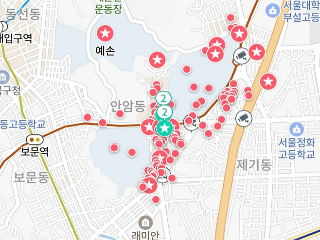 서울 성북구 고려대 인근에서 한끼를 8000원 이하로 해결할 수 있는 식당들 지도. [고려대 커뮤니티 갈무리]