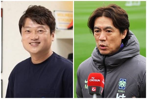 박문성 축구 해설위원(왼쪽)과 홍명보 대한민국 축구 국가대표팀 감독. 박문성 SNS·연합뉴스