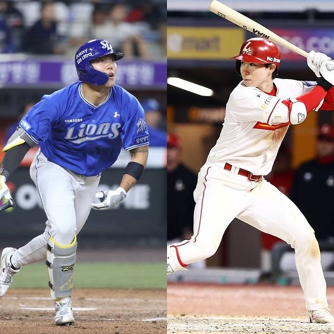 삼성 류지혁(왼쪽)과 SSG 박성한은 올 시즌 초반 뜨거운 타격감을 자랑하고 있는 내야수들이다. 2루수와 유격수로 수비 부담이 적지 않은 가운데도 고타율을 유지하며 공수 겸장의 면모를 보이고 있다. 사진제공｜삼성 라이온즈·SSG 랜더스