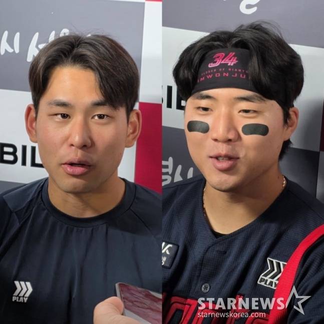 롯데 김진욱(왼쪽)-손성빈이 15일 잠실 LG전 승리를 이끈 뒤 취재진과 인터뷰하고 있다. /사진=김동윤 기자