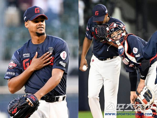 16일 잠실구장에서 열린 LG와 롯데의 경기. 롯데 선발 로드리게스가 폭투 직후 포수 손성빈을 향해 자신의 실수였다는 제스처를 취하고 있다. 잠실=박재만 기자 pjm@sportschosun.com