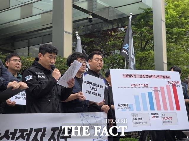 17일 서울 서초구 삼성전자 서초사옥 앞에서 열린 삼성그룹 초기업노동조합 삼성전자 지부 기자회견에서 이송이 부위원장이 발언하고 있다. /서초=우지수 기자