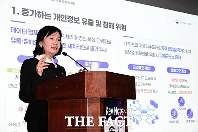 이날 송경희 개인정보보호위원회 위원장이 '사전 예방 중심 거버넌스로의 전환 필요'를 주제로 기조강연하고 있다. /은행회관=남윤호 기자