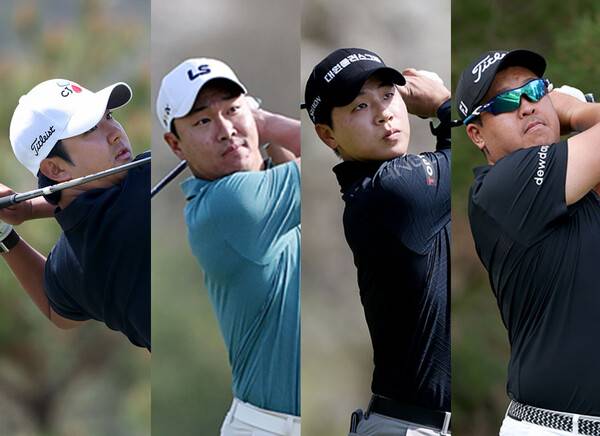 한국프로골프(KPGA) 투어 2026시즌 개막전 제21회 DB손해보험 프로미 오픈에 출전한 최승빈, 전가람, 최찬, 이상엽 프로가 1라운드에서 경기하는 모습이다. 사진제공=KPGA (사진을 무단으로 사용하지 마십시오.)