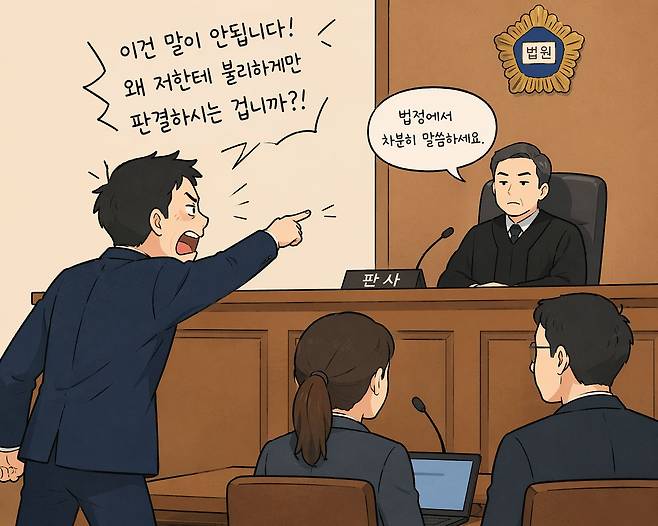 챗GPT에 '법관에게 항의하는 재판 당사자의 모습을 그려달라'고 요청한 그림. 사진 일러스트 챗GPT