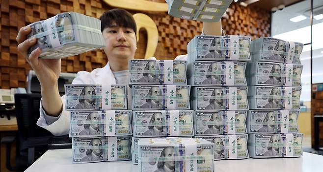 서울 중구 하나은행 위변조대응센터에서 직원이 달러화를 정리하고 있다. [김재훈기자]