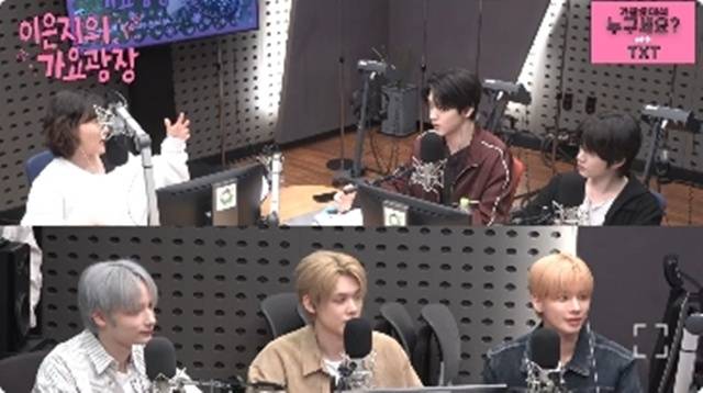 왼쪽 위부터 이은지, 수빈, 범규, 휴닝카이, 연준, 태현 (KBS cool FM ‘이은지의 가요광장’ 캡처)