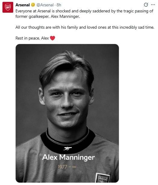 마닝거의 사망 소식에 애도를 표한 아스널 [아스널 구단 SNS. 재판매 및 DB 금지]