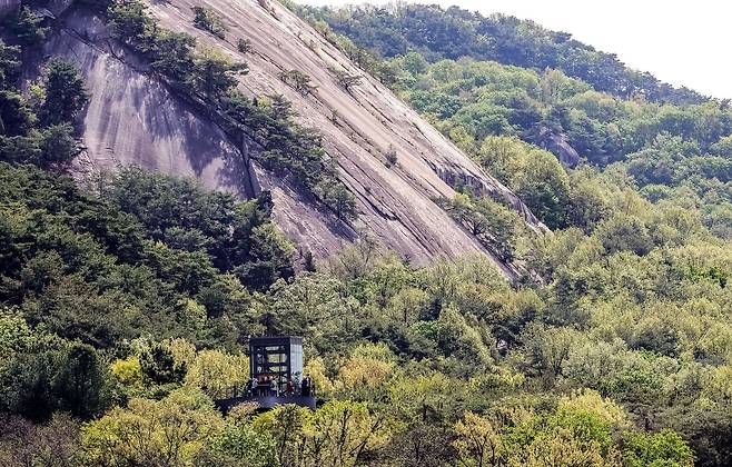 철쭉공원에서 불암산 둘레길 데크길을 따라 15분 정도 산책을 하면 전망대에 올라 탁트인 풍경을 감상할 수 있다. 사진은 16일 불암산 전망대. 강정현 기자