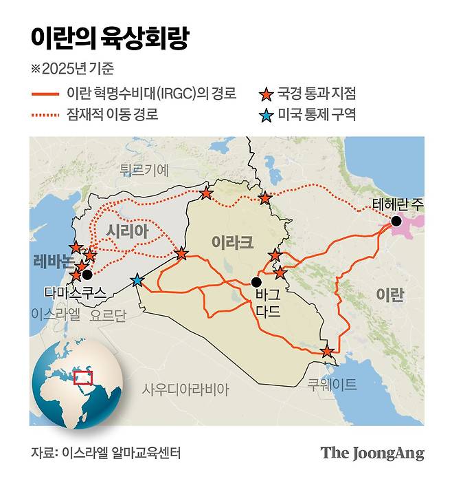 중동 지역서 이란의 육상 회랑을 보여주는 지도. 김주원 기자