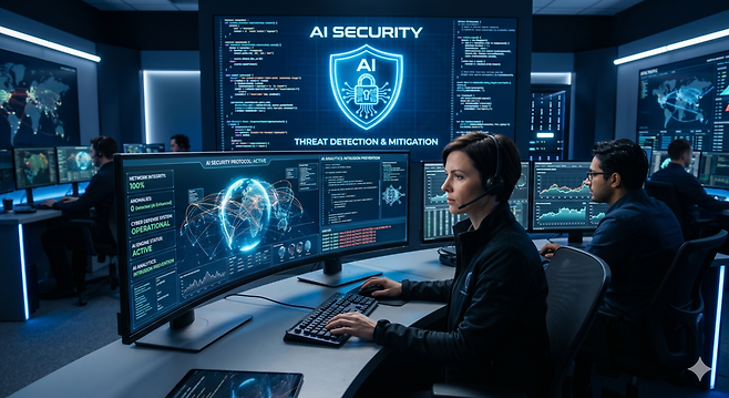 보안관제센터에서 연구원들이 일하고 있는 모습을 표현한 AI 이미지.