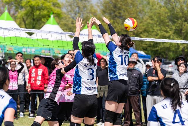 지난 18일 구미 낙동강 체육공원에서 열린 제32회 LG주부배구대회에 참가한 선수들이 지역의 명예를 걸고 치열한 승부를 펼치고 있다. LG경북협의회 제공