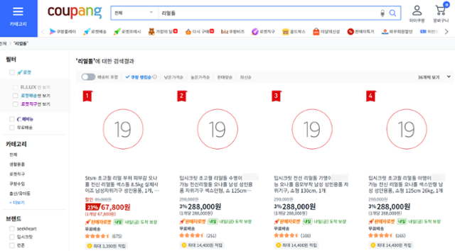 17일 전자상거래 플랫폼 쿠팡에서 '리얼돌'을 검색해 본 결과. 쿠팡 홈페이지 캡처