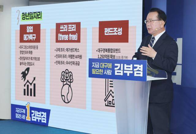 더불어민주당 김부겸 대구시장 예비후보가 19일 대구 달서구에 마련한 선거사무소에서 1호 공약인 '대구 산업 대전환'에 대한 세부 내용을 발표하고 있다. 연합뉴스