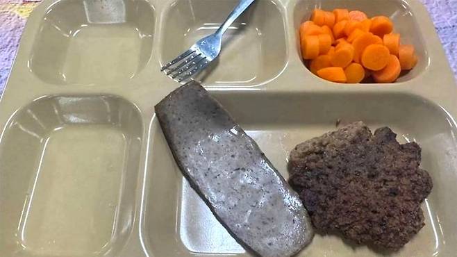 미군 장병에게 제공된 또 다른 식사로, 다진 고기 패티와 정체를 알 수 없는 고기 한 조각, 당근 몇 조각만 담겨 있다. 사진 엑스(X) 캡처