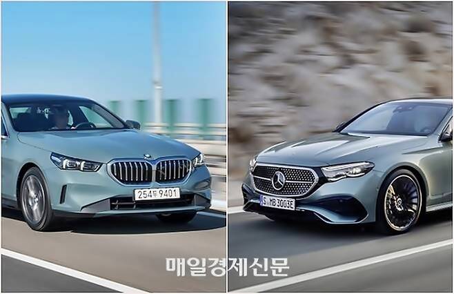 수입차 시장에서 프리미엄 차종을 대표하는 BMW 5시리즈(왼쪽)와 벤츠 E클래스 [사진출처=BMW, 벤츠/편집=최기성 매경 디지털뉴스룸 기자]