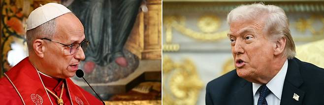 교황 레오 14세(왼쪽)와 도널드 트럼프 미국 대통령. 레오 14세가 연일 종전을 촉구하자 트럼프 대통령이 그를 맹비난하면서 공화당마저 당혹스러워 하고 있다. [AFP]