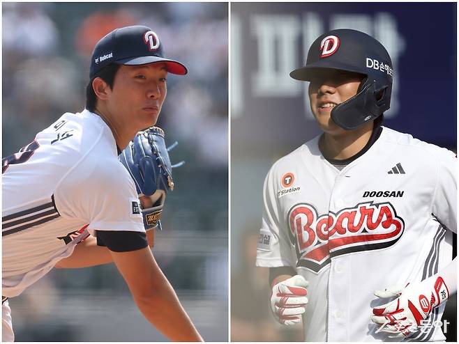 두산 최민석(왼쪽)과 박준순이 19일 잠실구장서 열린 KIA전서 맹활약했다. 두산은 이들 2명의 활약에 힘입어 시즌 첫 위닝시리즈를 작성했다. 사진제공｜두산 베어스