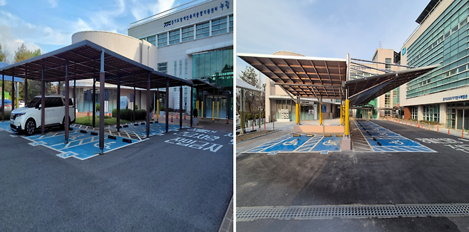 ▲ 경기도장애인종합지원센터 내 지상 장애인주차구역 기존 모습(왼쪽), 모델화사업 이후 주차장 비가림막이 새로 설치되고 앞쪽 기둥은 사라진 모습(오른쪽)/사진제공=경기도장애인종합지원센터