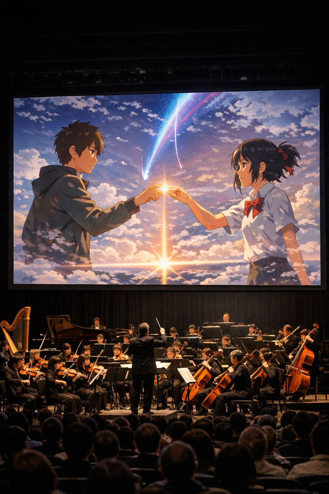 올해 의성에서 선보일 필름음악콘서트. 신카이 마코토 감독의 애니메이션 영화 「스즈메의 문단속」, 「너의 이름은」, 「날씨의 아이」를 스크린으로 상영하면서 동시에 오케스트라의 라이브 연주를 들을 수 있다. AI생성이미지.