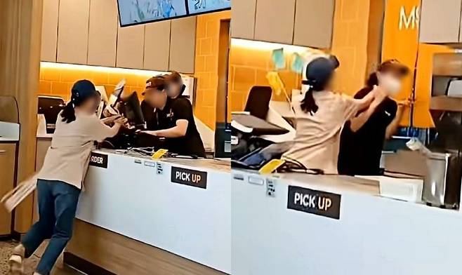 음료 리필을 거절했다는 이유로 맘스터치 매장에서 한 여성이 난동을 부리고 있다. 유튜브 영상 캡처