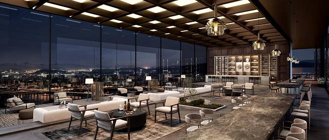 리베니크 자이 커뮤니티시설에 계획된 스카이라운지 조감도. 최고 69층 타워 상부에 위치해 한강과 서울 도심을 한눈에 조망할 수 있도록 설계됐다. GS건설