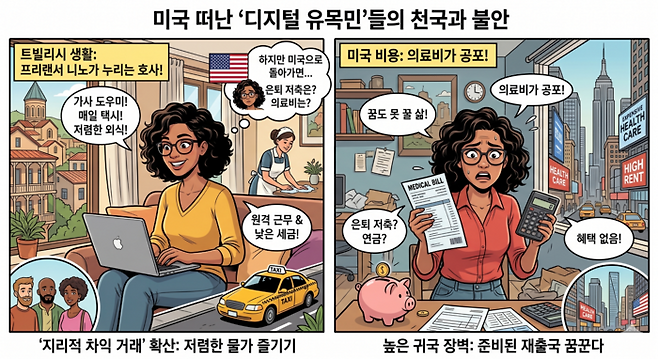 미국 탈출하는 디지털 유목민들의 모습을 AI 이미지로 생성했다. [구글 Gemini]