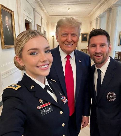 미 여군 인플루언서 제시카 포스터(맨 왼쪽)가 자신의 X에 게시한 트럼프 미국 대통령, 축구선수 메시와의 사진. 그러나 해당 이미지뿐만 아니라 포스터 본인도 실제 존재하지 않는 AI 생성물인 것으로 드러났다.  X