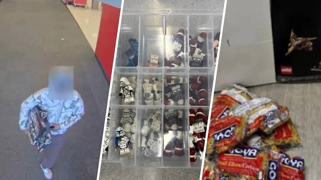 레고 절도범(왼쪽), 훔친 레고 피규어(중앙), 그리고 말린 파스타(오른쪽) [출처=NBC]
