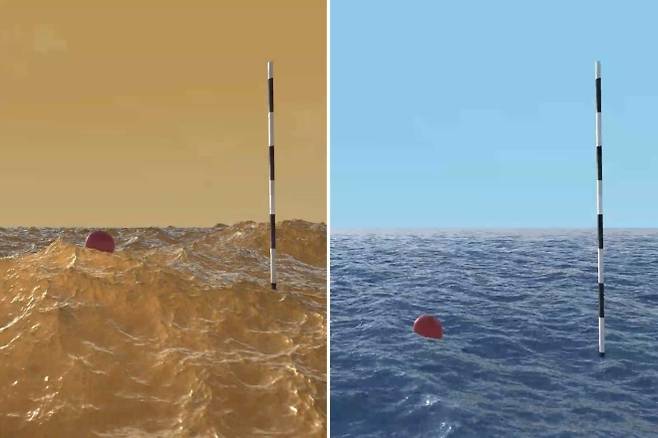 지구의 슈피리어호(오른쪽)와 타이탄의 호수(왼쪽)에서 같은 정도로 바람이 불 경우 생기는 파도의 시뮬레이션. Taylor Perron, Una Schneck, et al