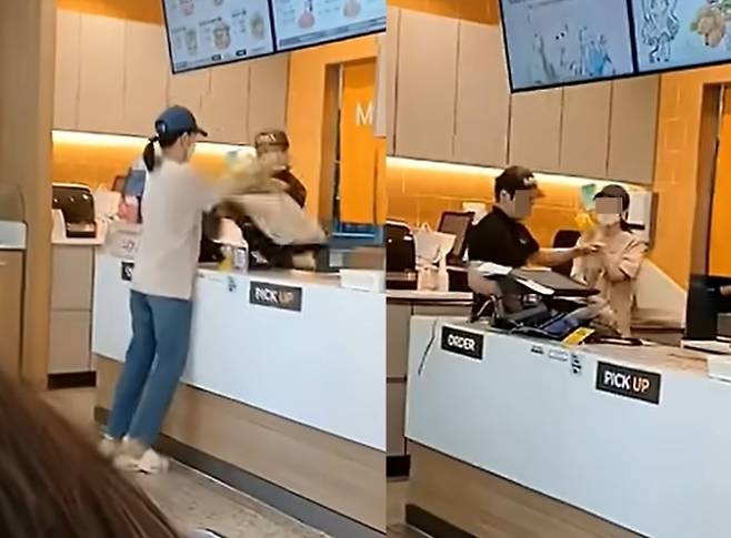 지난해 10월 햄버거 프랜차이즈 ‘맘스터치’의 한 매장을 찾은 여성이 음료 리필을 요구하다 거절당하자 직원을 폭행하고 계산대 등을 파손하고 있다. 자료 : 유튜브