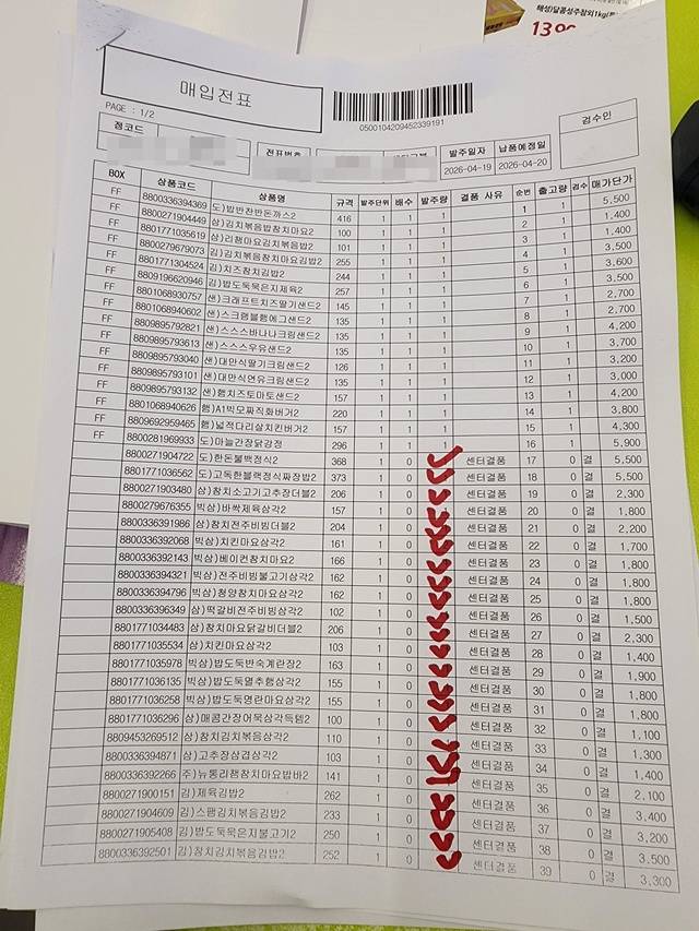 사진은 한 CU편의점 점주가 올린 발주 주문서 모습. 고객들이 많이 찾는 신선 제품들 대부분이 누락된 상황이다.(SNS 갈무리)