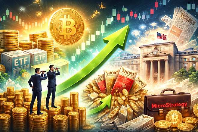 비트코인 시장이 ETF 자금과 기관 투자자의 대규모 매수, 숏스퀴즈까지 겹치며 구조적 상승 국면에 진입한 모습을 시각화했다. 출처=챗GPT 생성