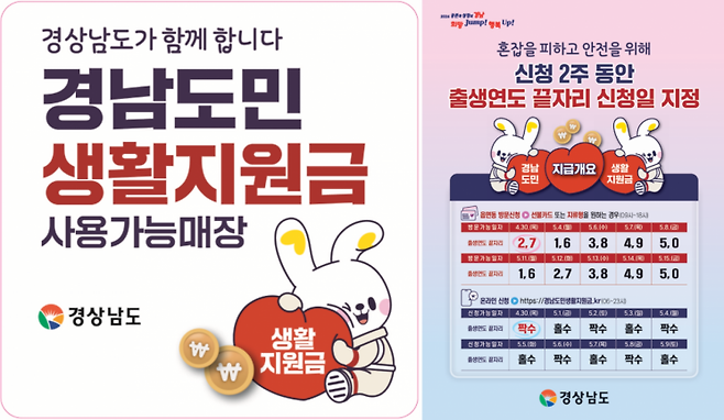 경남도민생활지원금 사용 가능 매장 표지(왼쪽) 및 신청일 안내 홍보물. [이미지제공=경남도]