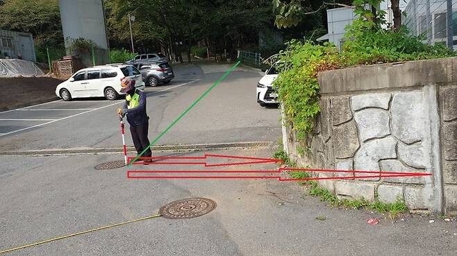 개발사업지 진출입로 지적 측량 결과, 신갈게이트장 석축까지는 2.9m, 석축 부분을 철거한 부분까지는 5.66m에 불과했다. 측량점 반대 쪽은 공원 용지여서 점용 허가 자체가 불가하다. 독자 제공