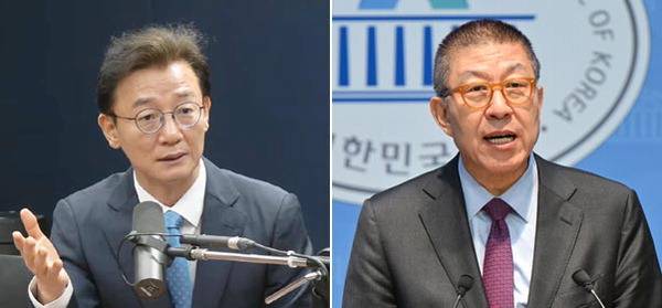 더불어민주당 6·3 부산시장 후보인 전재수 의원이 21일 유튜브 채널 ‘김어준의 겸손은 힘들다 뉴스공장’에 출연해 발언하고 있다. 오른쪽 사진은 국민의힘 부산시장 후보인 박형준 시장이 이날 국회에서 침례병원 공공화 촉구 기자회견을 하는 모습.    유튜브 채널 ‘김어준의 겸손은 힘들다 뉴스공장’ 캡처·김정록 기자