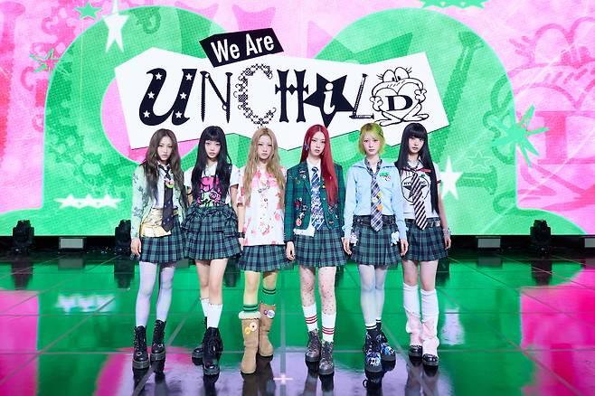 Unchild poses during a press showcase held at Blue Square Woori Won Banking Hall in Yongsan-gu, central Seoul, Tuesday. (High Up Entertainment)