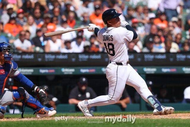 저마이 존스가 힘차게 타격을 하고 있다. 2025시즌의 모습이다./게티이미지코리아