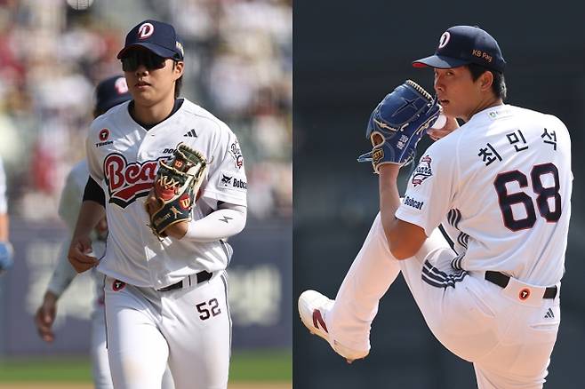 두산 베어스 2년 차 동기인 박준순(왼쪽)과 최민석. 두산 베어스 제공