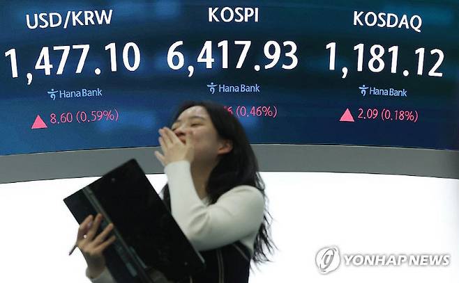 22일 서울 중구 하나은행 본점 딜링룸 현황판에 원/달러 환율, 코스피, 코스닥 지수가 표시돼 있다.(사진=연합뉴스)