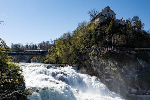 라인폭포와 라우펜 성 뒤로 기차가 지나고 있다.