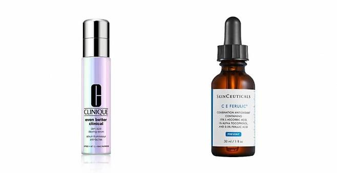 [좌] 크리니크 NEW 멜라닌안녕세럼 4세대 / 사진출처. ⓒ Clinique Laboratories/올리브영 홈페이지  [우] 스킨수티컬즈 C E 페룰릭 항산화 안티에이징 비타민C 앰플 / 사진출처. ⓒ SkinCeuticals/네이버 스토어