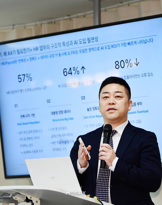 박진수 메타넷사스 이사가 21일 오후 서울 서초구 산학협동재단빌딩에서 열린 ‘매경AX 1차 필드트립’에서 발표하고 있다. [강영국 기자]