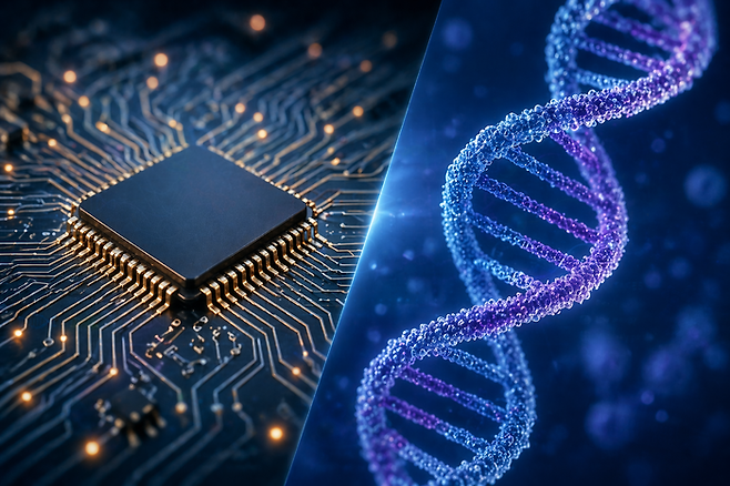 최영재 KAIST 공학생물학대학원 교수가 DNA를 이용해 메모리를 저장하고 계산을 수행하는 컴퓨터 회로를 구현했다. [챗GPT로 생성한 이미지]