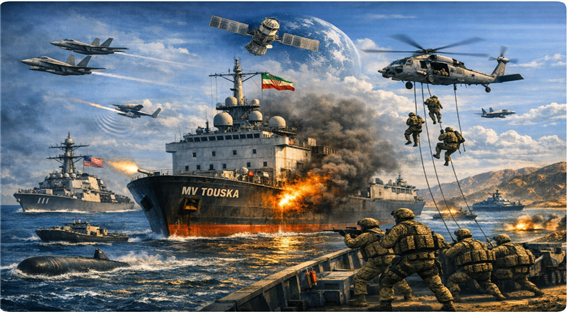 화물선 투스카호(MV Touska) 나포작전에 대한 상상도. 김태준 한반도안보문제연구소장 AI 그림